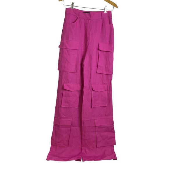 Selma Cilek Linen Cargo Pants Womens Medium Tall Hot Pink Pockets Handmade 34.5" - Picture 1 of 10